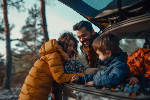 Photo family with children packing a car for a winter trip smiling and enjoying the outdoor adventure together