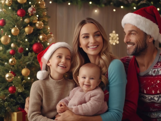 a family with children posing for a photo with a christmas tree in the background