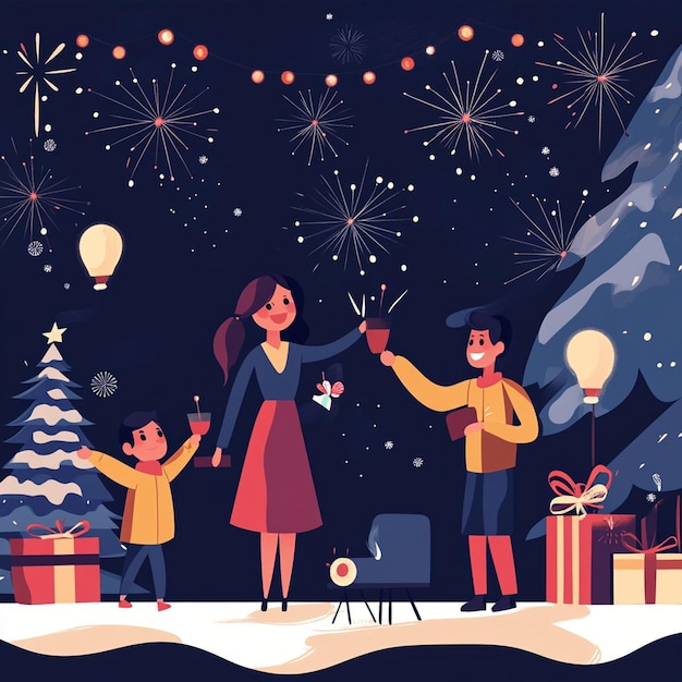 a family with a christmas tree and a couple holding hands with fireworks in the background