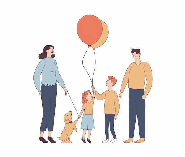 a family with a dog and a balloon with a girl holding a balloon that says  happy family