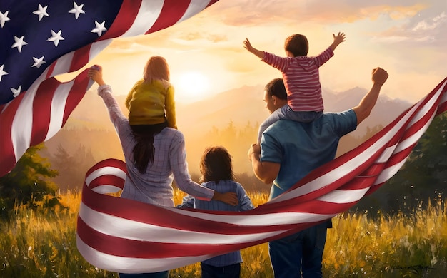 a family with a flag and a picture of a family with the words family on the bottom