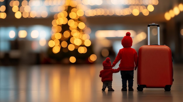 Photo family with gifts and suitcases in a festively decorated airport terminal christmas tree and lights