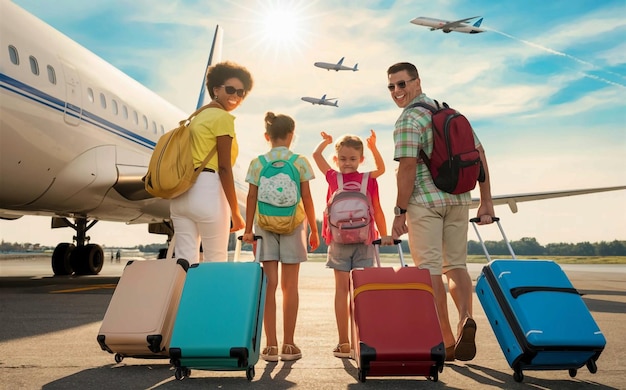 Photo a family with luggage and a man with a backpack and a backpack with a backpack on it