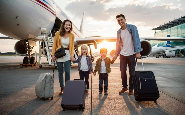 Photo a family with luggage and a plane in the background