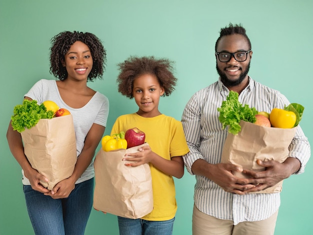 a family with a paper bag of vegetables and a child holding vegetables