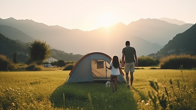 Family with small children hiking outdoors in summer nature