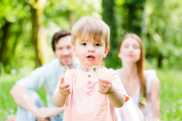 Family with son on meadow blowing dandelion flower