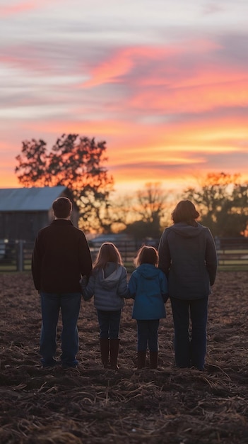 A family with two children silhouettes in farm sunset time