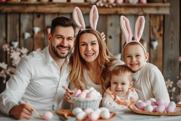 Photo family with two kids in a kitchen preparing to easter