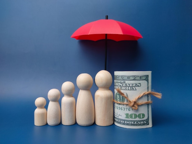 A family of wooden dolls are hiding under a red umbrella with banknotes protecting wooden peg dolls planning saving families preventing risks and crises health care and insurance concepts