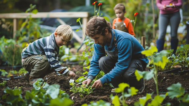 A family works together in their garden planting seedlings