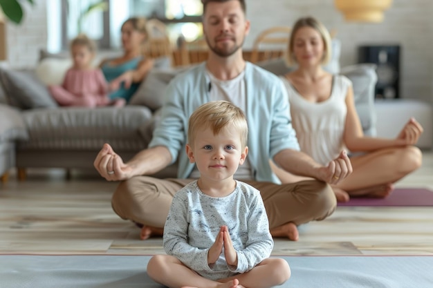 Photo family yoga practice in peaceful studio living room