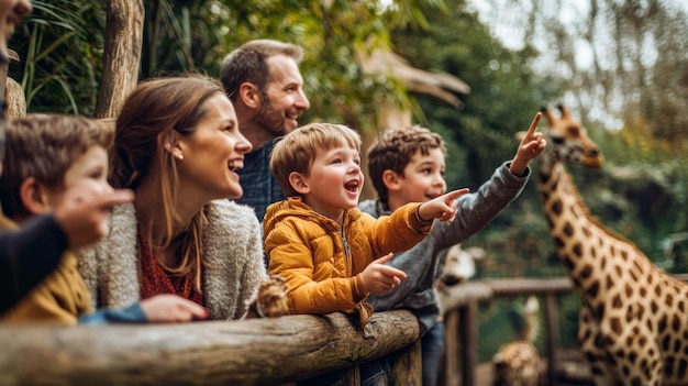 Family at the Zoo Admiring a Giraffe