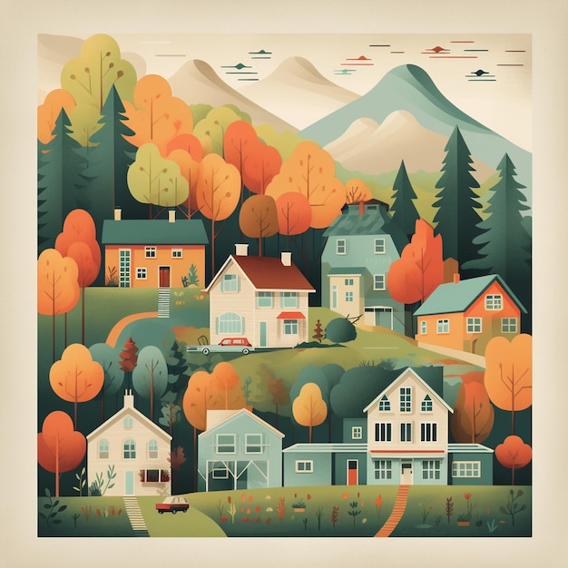 Familyfriendly real estate poster with cozy houses warm tones and inviting imagery Welcoming and approachable style