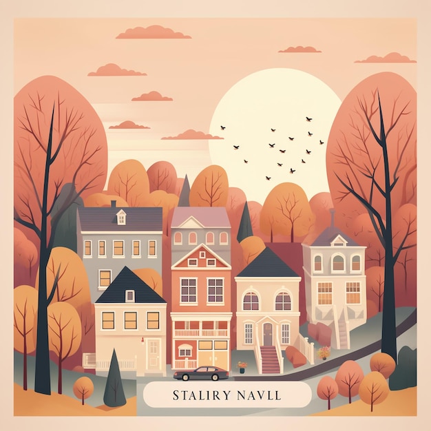 Familyfriendly real estate poster with cozy houses warm tones and inviting imagery Welcoming and approachable style