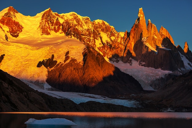 Famous beautiful peak Cerro Torre in Patagonia mountains, Argentina. Beautiful mountains landscapes in South America.