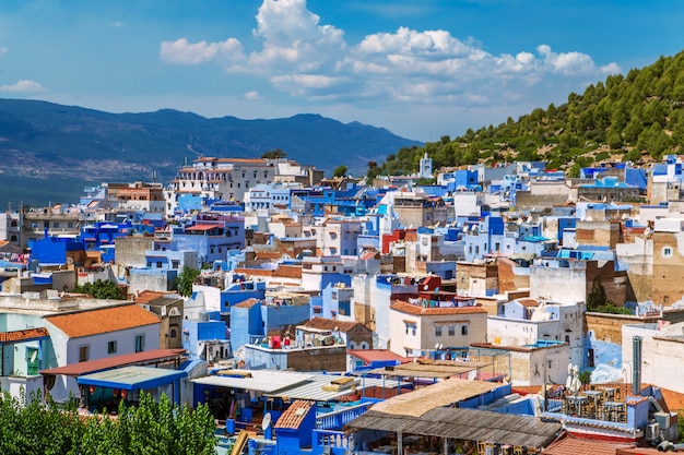 The famous blue city of Chefchaouen, top view. 