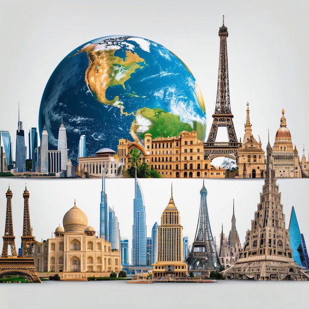 Photo famous global landmarks on halfearth travel concept design