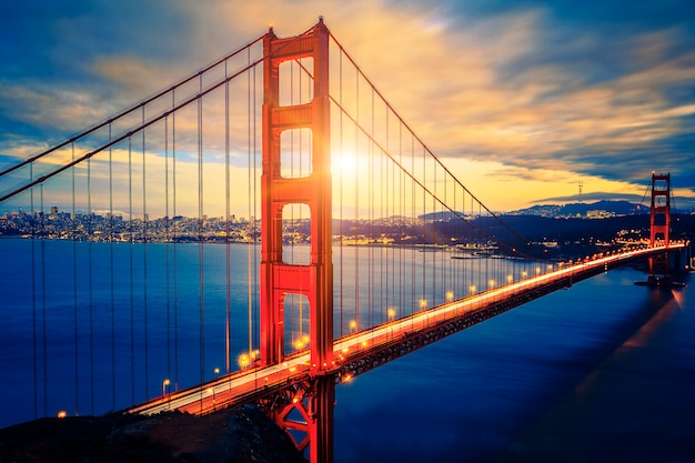 Famous Golden Gate Bridge at sunrise