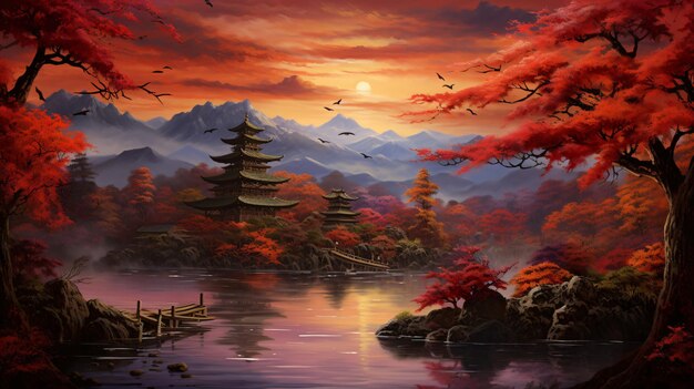 Famous landmarks of Japan in autumn oil painting