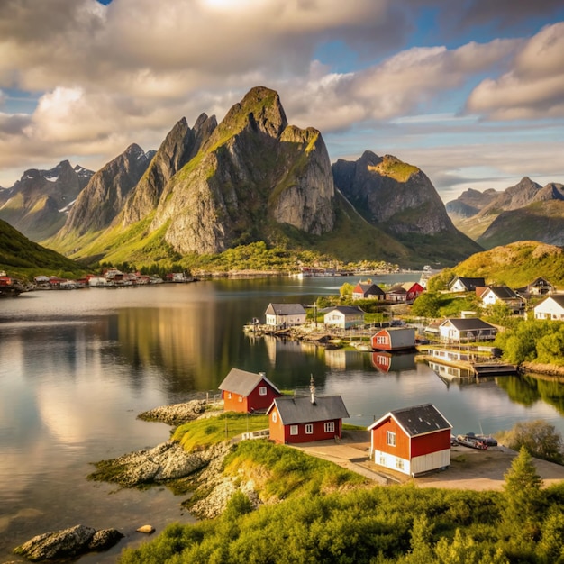 Photo famous lofoten norway landscape nordland distinctive scenery with mountains and peaks on lofoten islands nordland norway