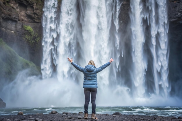 Photo famous powerful skogafoss waterfall at south iceland iceland landscape photo of brave girl who proudly standing with his arms raised in front of water wall of mighty waterfall