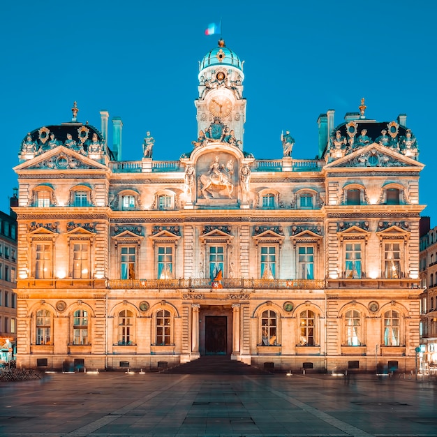 The famous Terreaux square in Lyon city by night, France.