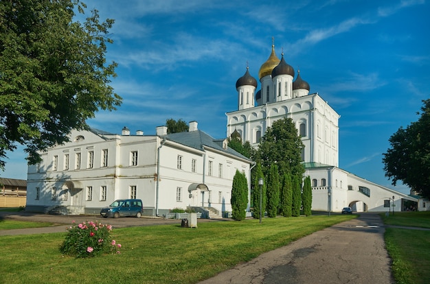 Famous Trinity cathedral. Pskov city, Russia. July 12, 2017