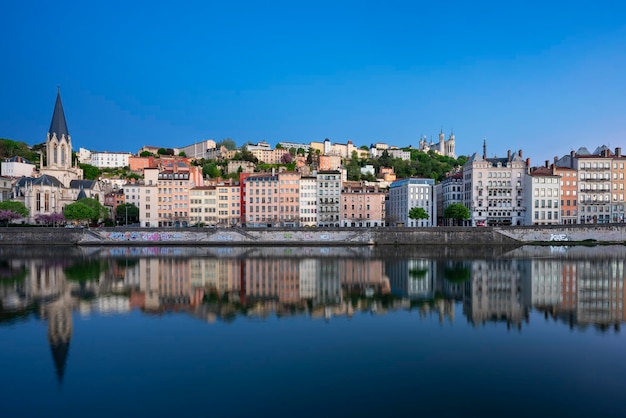 Famous view Saone river in the morning Lyon