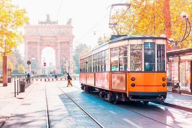 Famous vintage tram in Milan, Lombardia, Italy