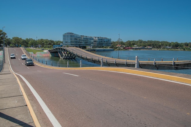 Famous wavy bridge in La Barra beach in Punta del Este