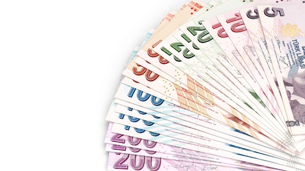 Photo fan arrangement of turkish lira banknotes in various denominations