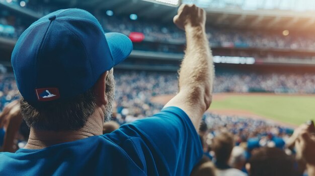 Fan cheering enthusiastically during baseball game at packed stadium in the late afternoon