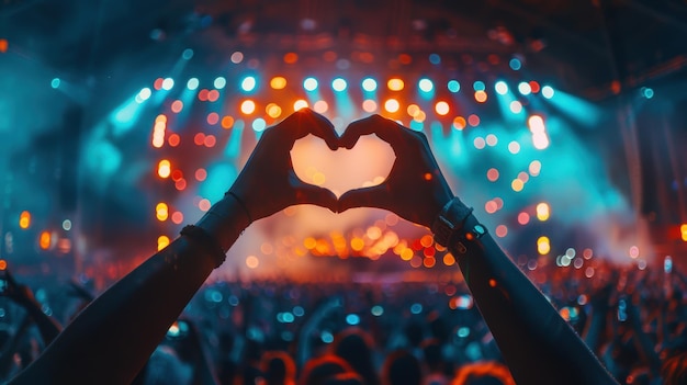 Photo fan making heart shape with hands at music festival enjoying live concert