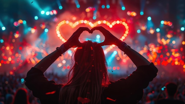 Fan making heart shape with hands at music festival enjoying live concert