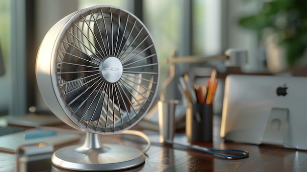 a fan sits on a table with pencils in the background