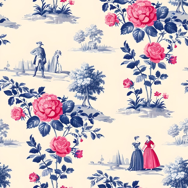 Photo fanciful toile de jouy seamless pattern with fairy lovers in floral garden