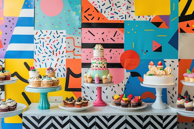 Photo fancy birthday cupcakes decorated with colorful geometric shapes and ribbons