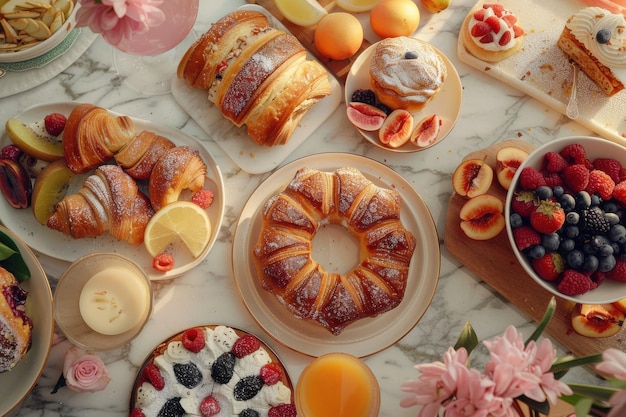 Photo fancy brunch spread with pastries and fruits