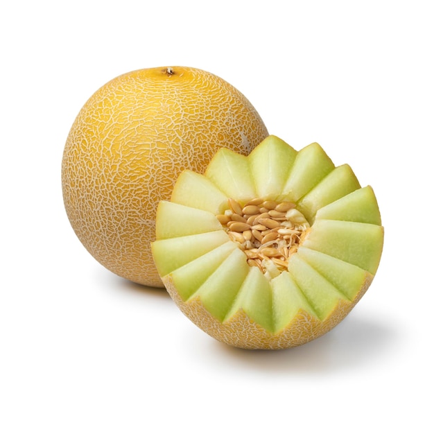 Fancy cut ripe whole and half Galia melon on white background