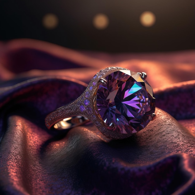 A fancy diamond ring with a purple stone sits on a red cloth.