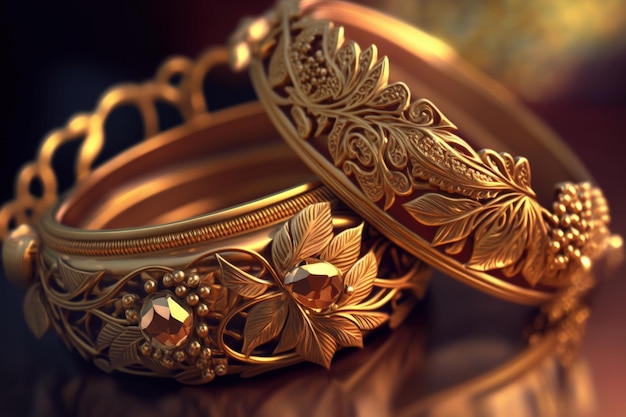 Fancy golden bracelets for women in a macro shot of jewelry