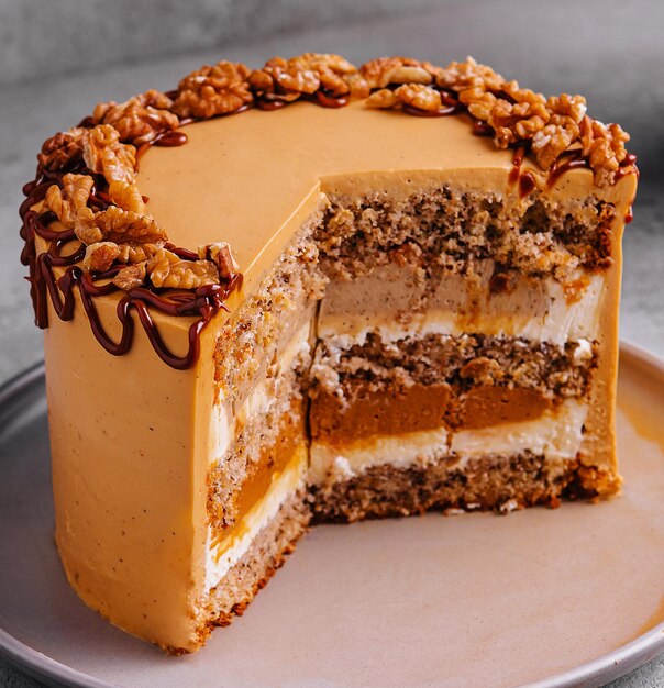 Fancy layered walnut cake with caramel