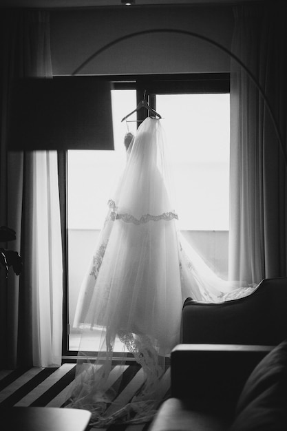 Fancy wedding dress. Bridal morning