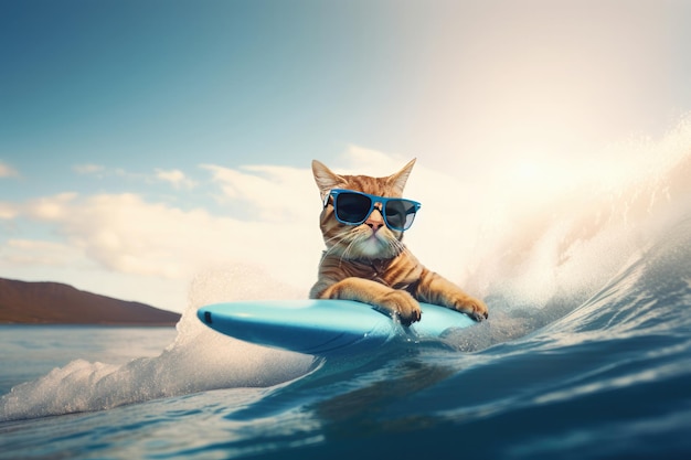 Fanny cat surfing on a waveSunny day Summer concept AI generative