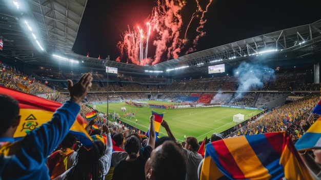 fans in a stadium with a fireworks display in the background