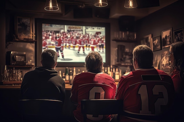 Fans Watching Hockey At Bar Rear View