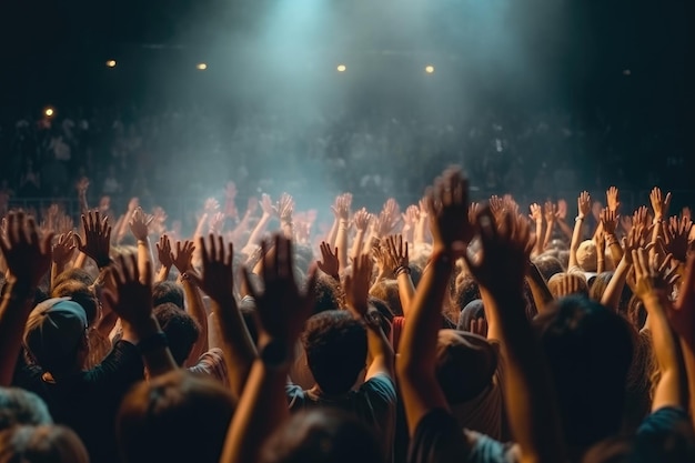 Fans waving hands in a concert at night photo Generative ai