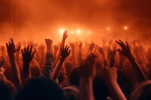 Fans waving hands in a concert at night photo Generative ai