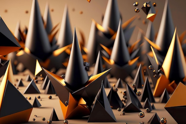 Fantastic 3d render abstract geometric background with black chaotic sharp cones and stones generative ai